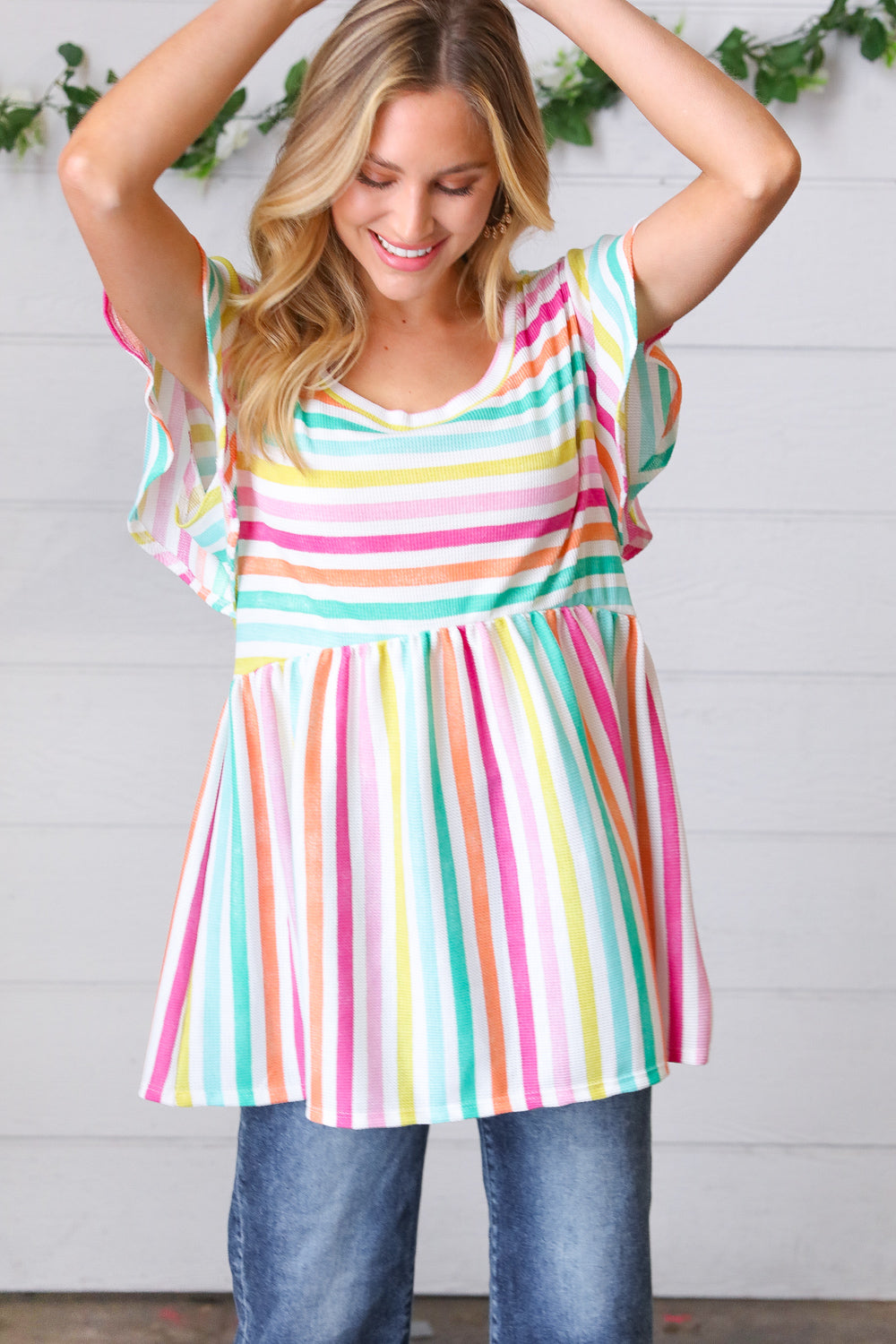 Lavender Rainbow Stripe Babydoll Top | Nikki &amp; Co. Boutique