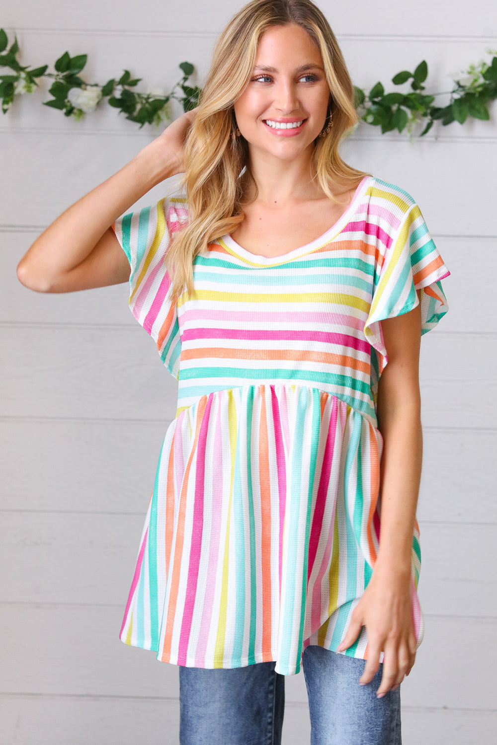 Lavender Rainbow Stripe Babydoll Top | Nikki &amp; Co. Boutique