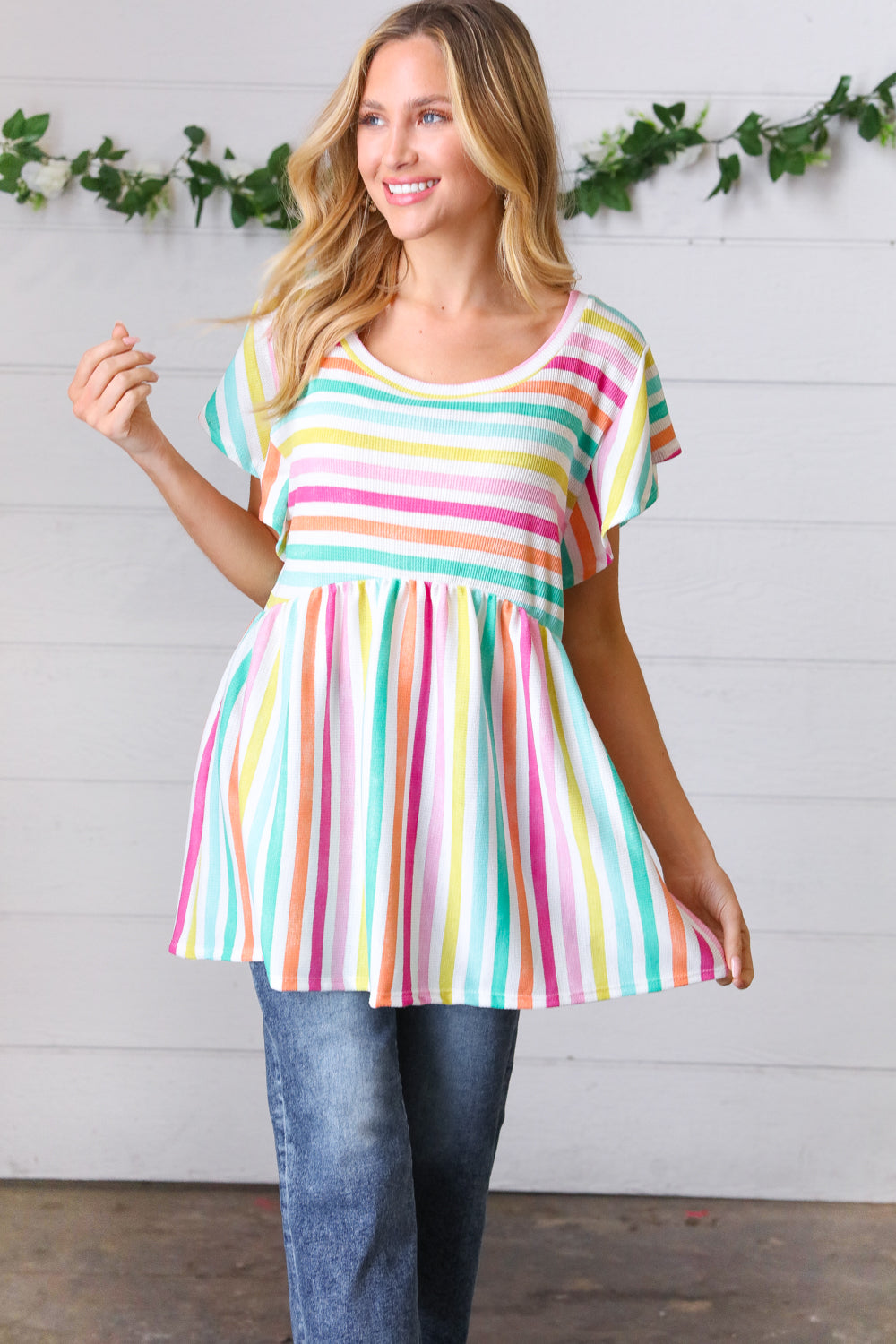 Lavender Rainbow Stripe Babydoll Top | Nikki &amp; Co. Boutique