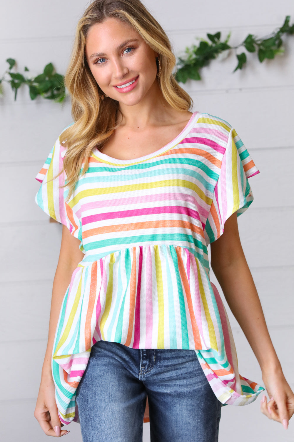 Lavender Rainbow Stripe Babydoll Top | Nikki &amp; Co. Boutique