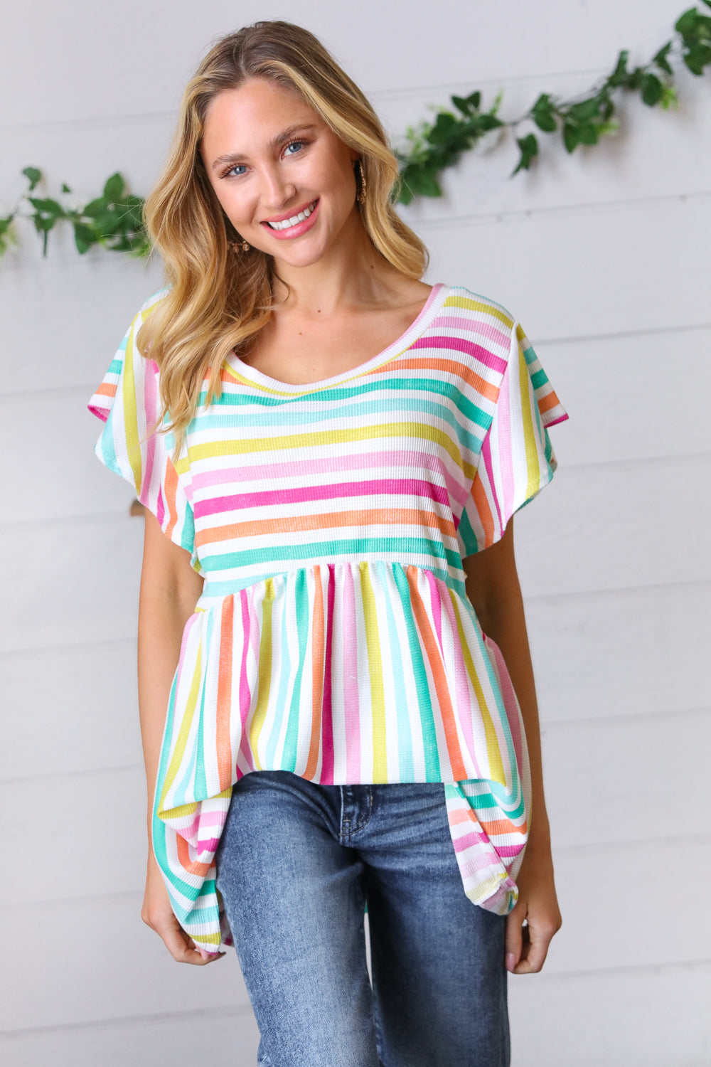 Lavender Rainbow Stripe Babydoll Top | Nikki &amp; Co. Boutique