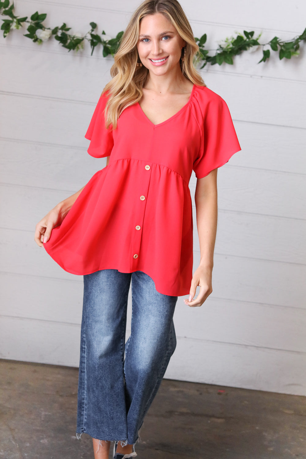 Cherry Red Babydoll Button Down Raglan Woven Tops | Nikki &amp; Co. Boutique