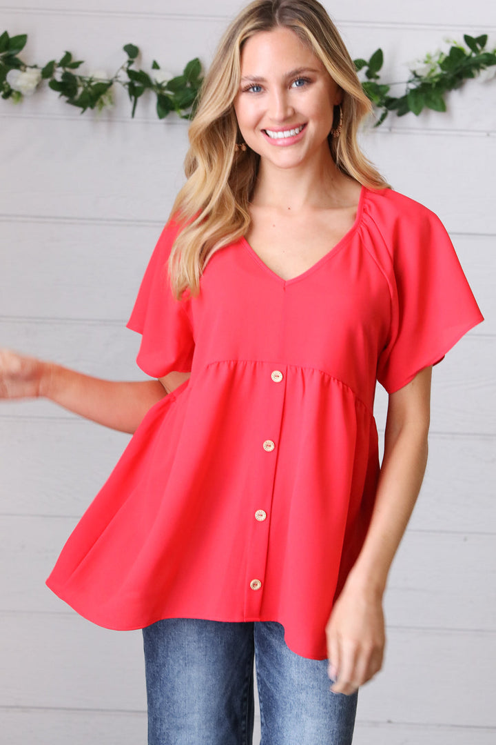 Cherry Red Babydoll Button Down Raglan Woven Tops | Nikki &amp; Co. Boutique