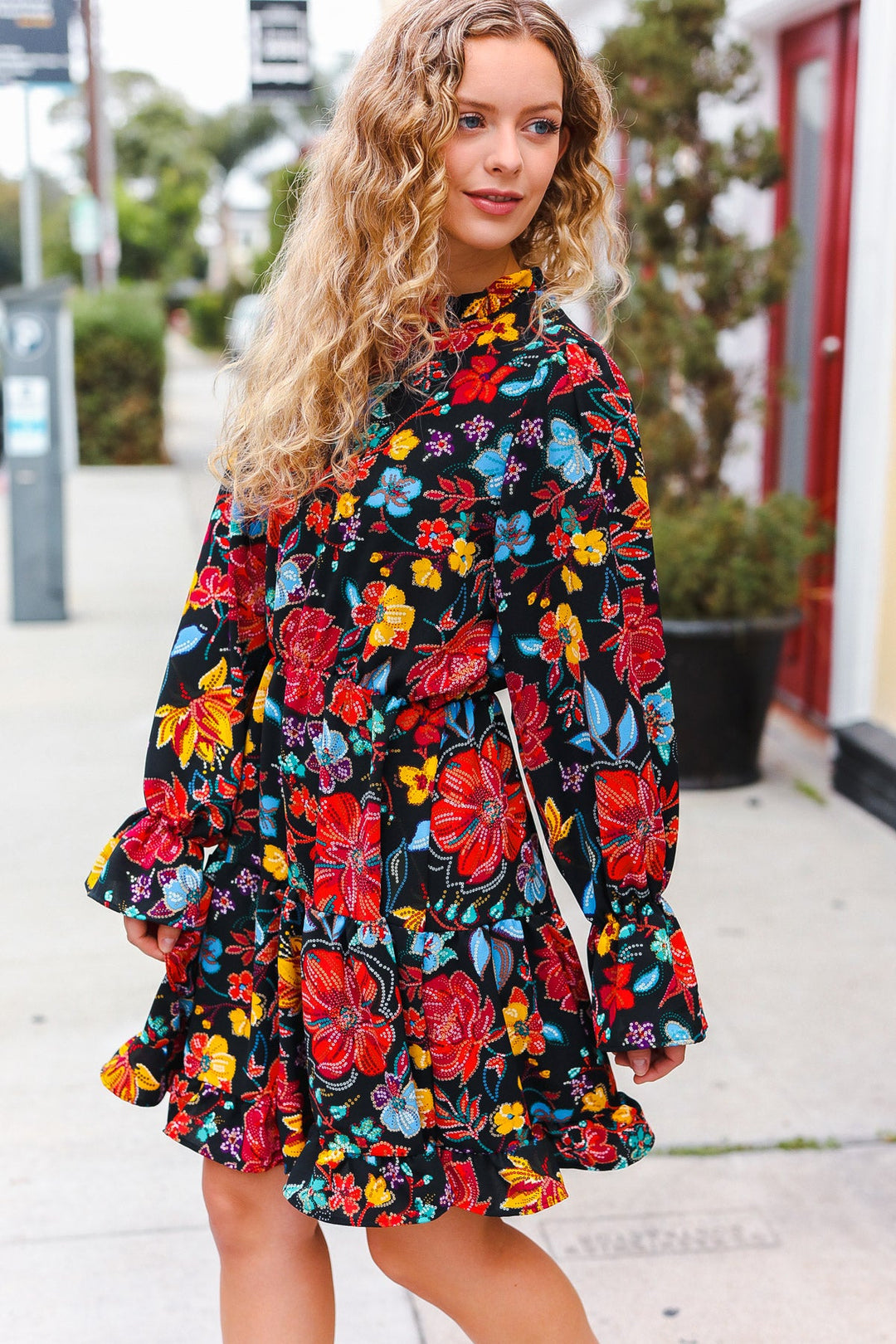 Lock Eyes Black Floral Sequin Print Ruffle Sleeve Frill Mock Neck Dress | Nikki &amp; Co. Boutique