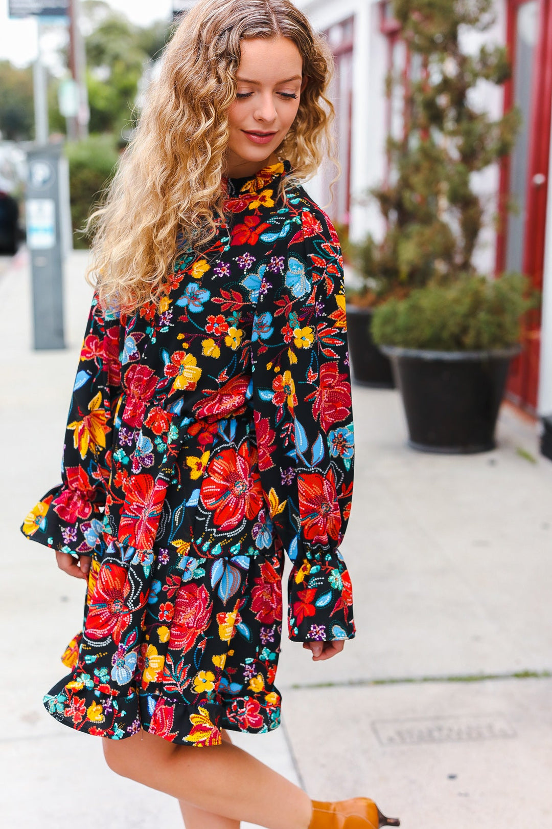 Lock Eyes Black Floral Sequin Print Ruffle Sleeve Frill Mock Neck Dress | Nikki &amp; Co. Boutique
