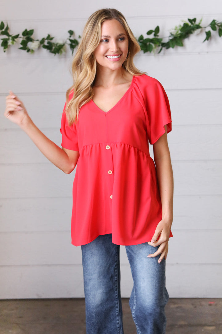 Cherry Red Babydoll Button Down Raglan Woven Tops | Nikki &amp; Co. Boutique