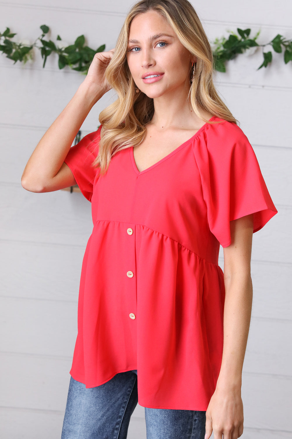 Cherry Red Babydoll Button Down Raglan Woven Tops | Nikki &amp; Co. Boutique