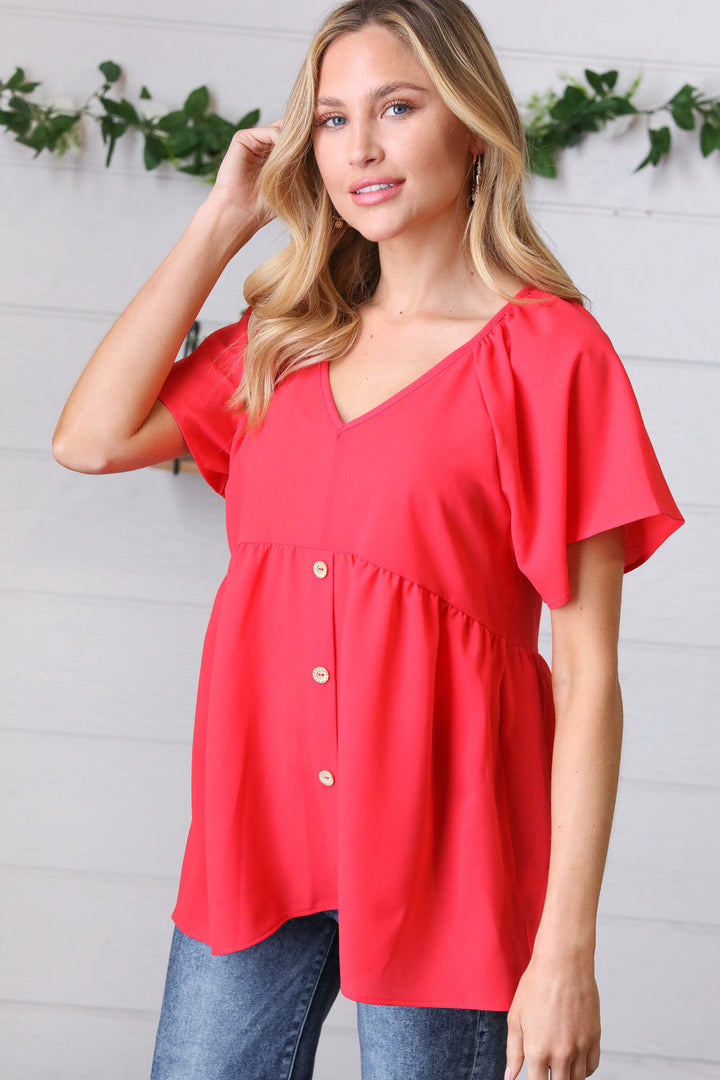 Cherry Red Babydoll Button Down Raglan Woven Tops | Nikki &amp; Co. Boutique