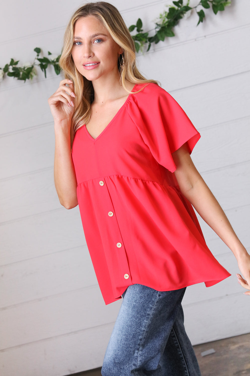 Cherry Red Babydoll Button Down Raglan Woven Tops | Nikki &amp; Co. Boutique