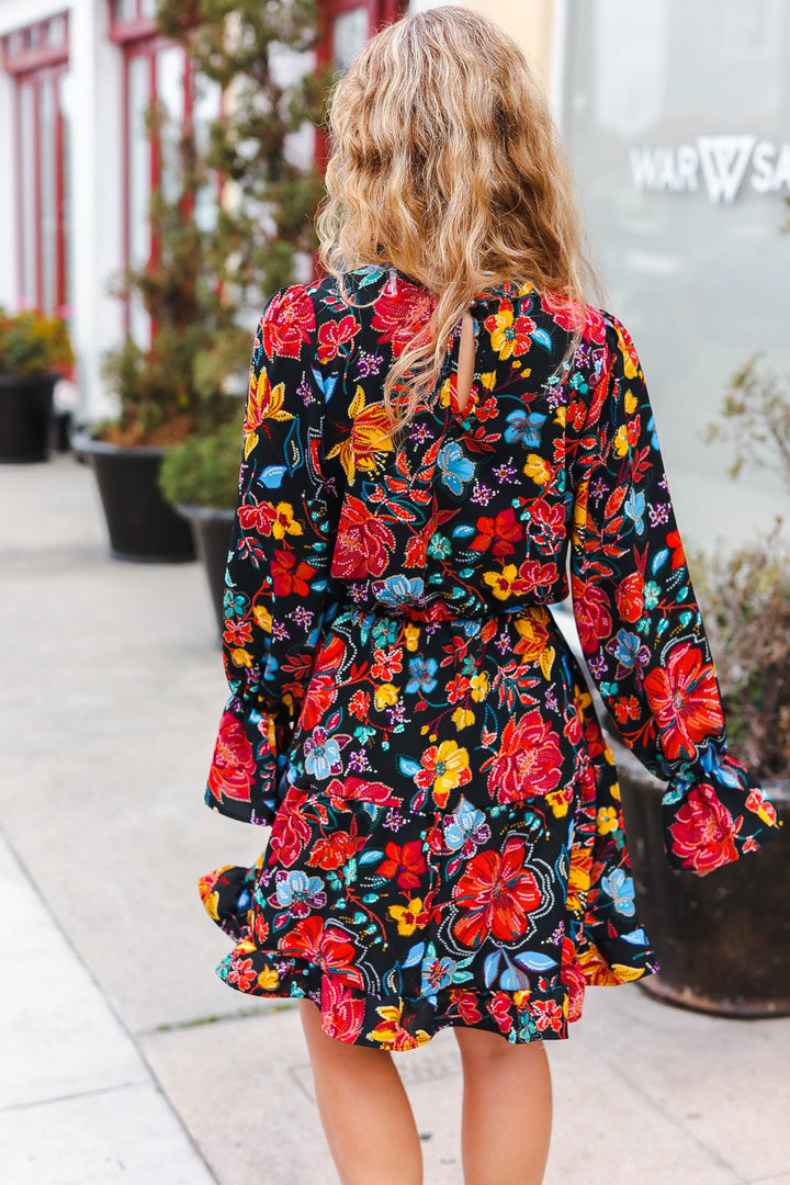 Lock Eyes Black Floral Sequin Print Ruffle Sleeve Frill Mock Neck Dress | Nikki &amp; Co. Boutique