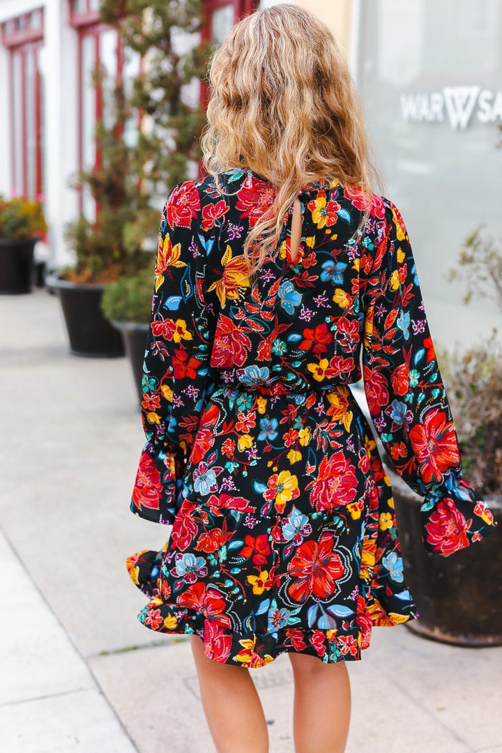 Lock Eyes Black Floral Sequin Print Ruffle Sleeve Frill Mock Neck Dress - Nikki &amp; Co. Boutique