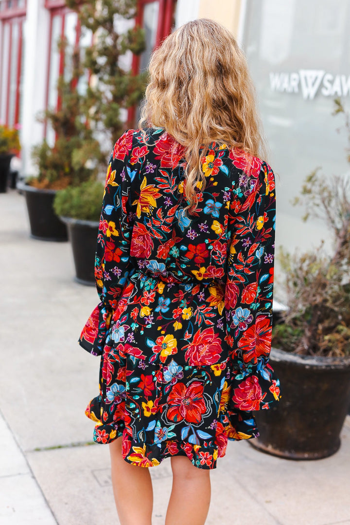 Lock Eyes Black Floral Sequin Print Ruffle Sleeve Frill Mock Neck Dress | Nikki &amp; Co. Boutique