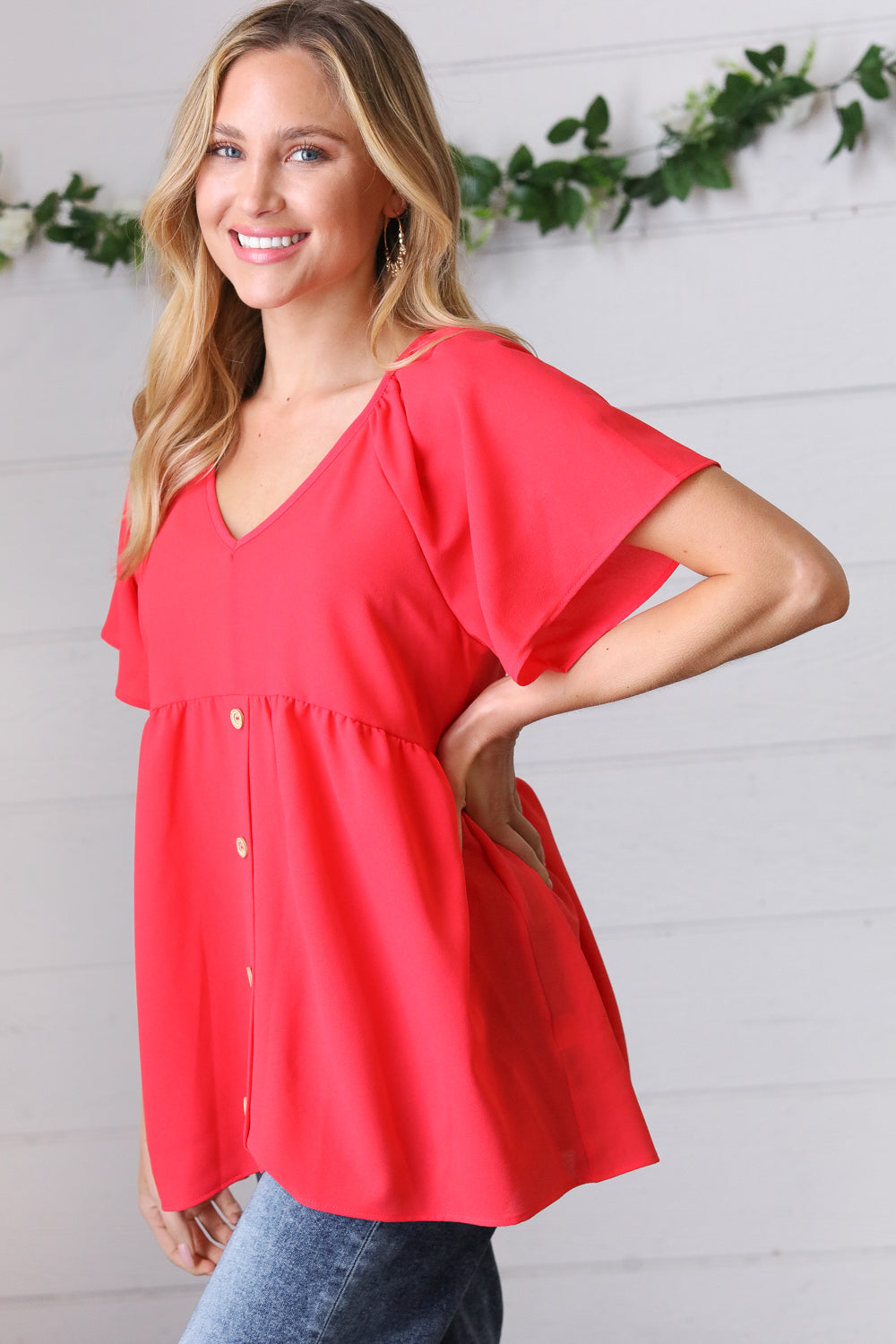 Cherry Red Babydoll Button Down Raglan Woven Tops | Nikki &amp; Co. Boutique