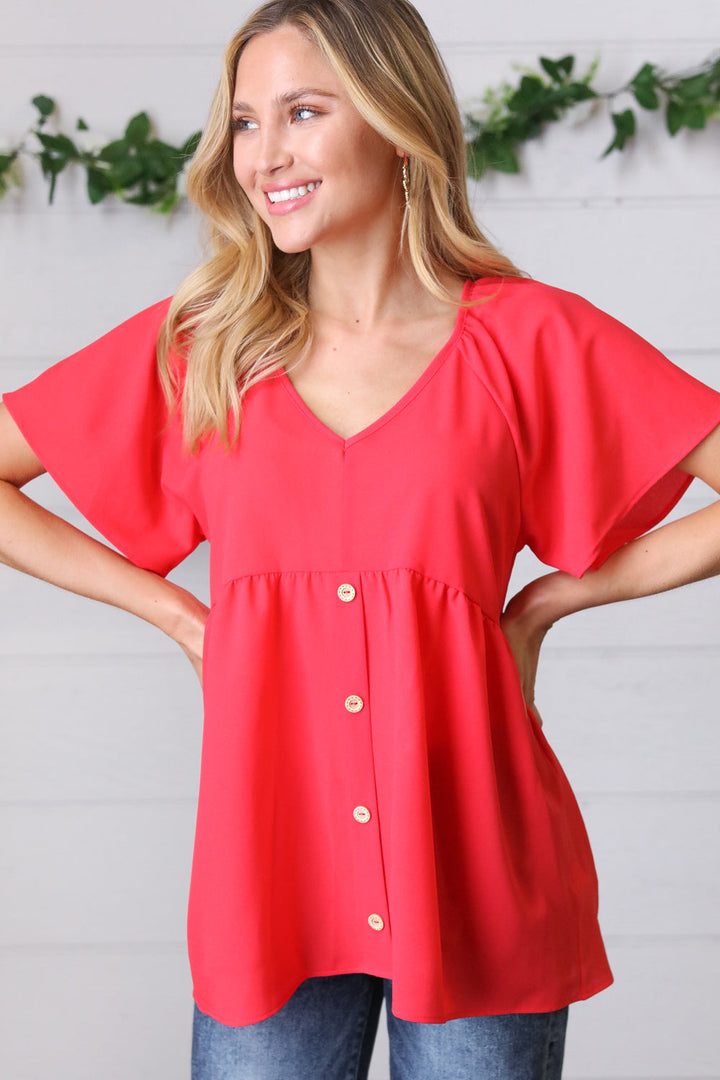 Cherry Red Babydoll Button Down Raglan Woven Tops | Nikki &amp; Co. Boutique