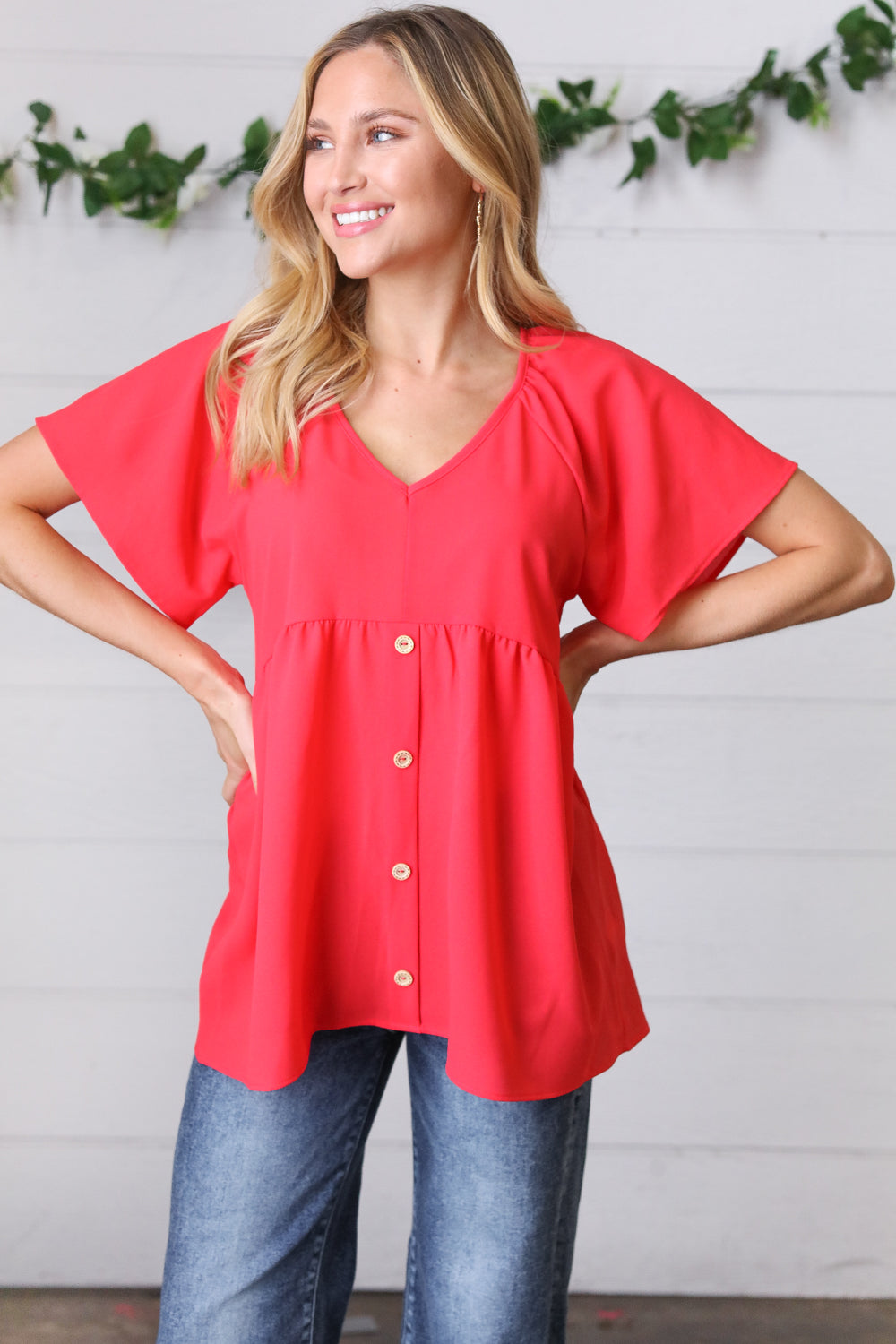 Cherry Red Babydoll Button Down Raglan Woven Tops | Nikki &amp; Co. Boutique