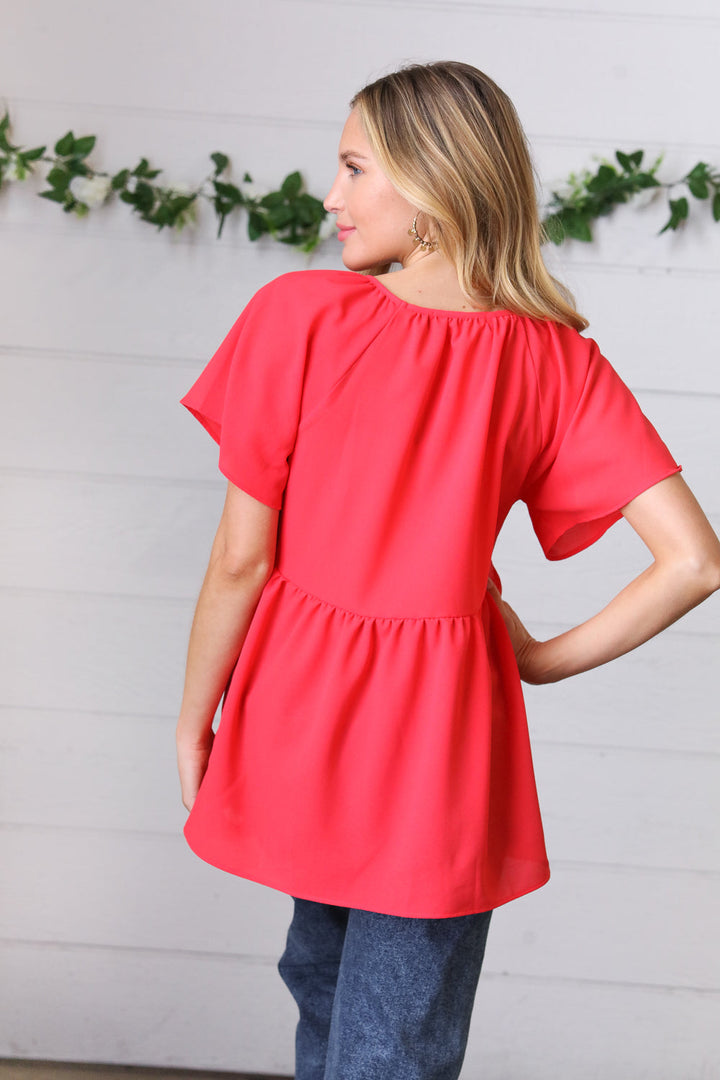 Cherry Red Babydoll Button Down Raglan Woven Tops | Nikki &amp; Co. Boutique