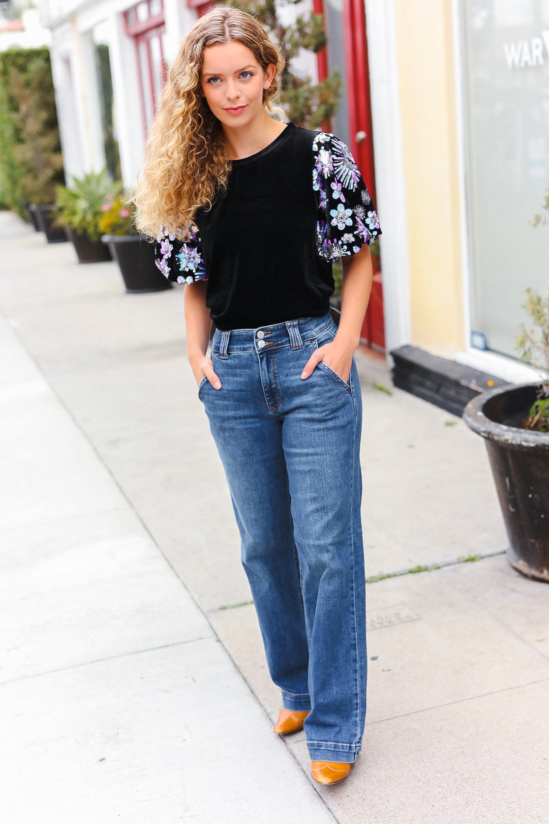 Feeling Glamorous Black Floral Sequin Puff Sleeve Velvet Tops | Nikki &amp; Co. Boutique
