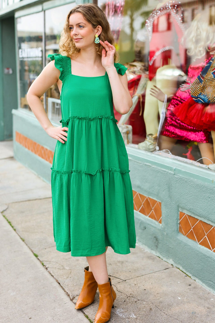Lots To Love Kelly Green Smocked Flutter Sleeve Tiered Midi Dress | Nikki &amp; Co. Boutique