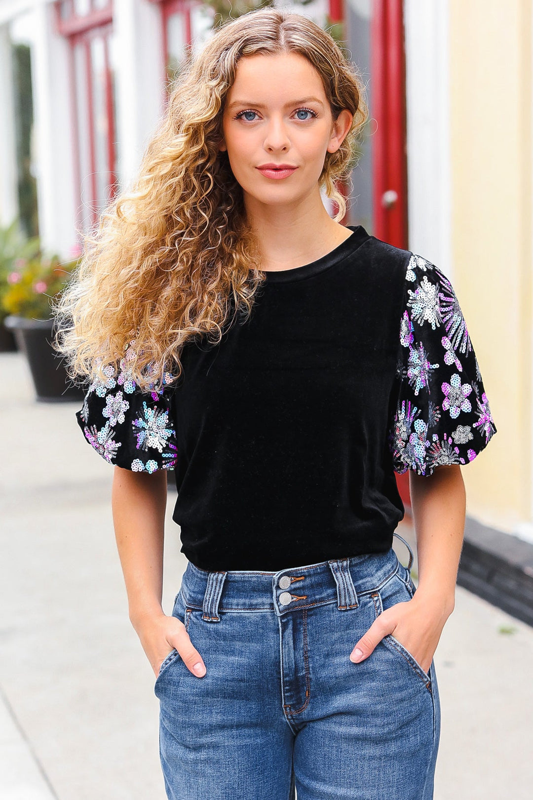 Feeling Glamorous Black Floral Sequin Puff Sleeve Velvet Tops | Nikki &amp; Co. Boutique