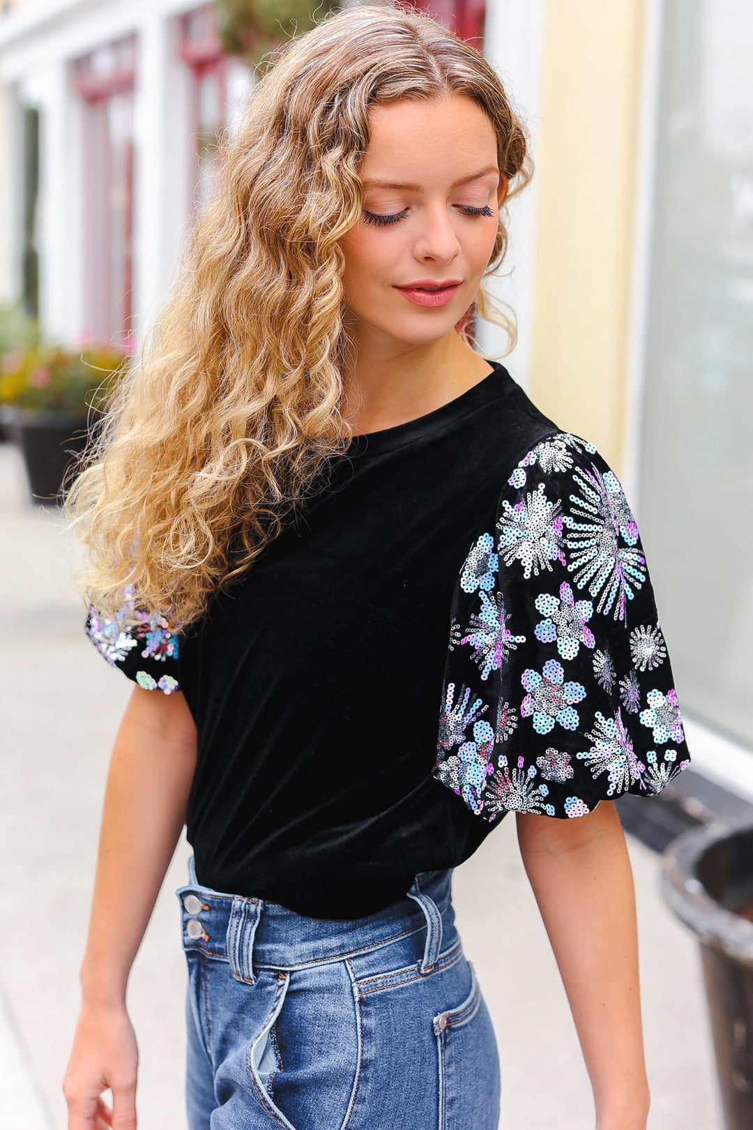 Feeling Glamorous Black Floral Sequin Puff Sleeve Velvet Tops | Nikki &amp; Co. Boutique