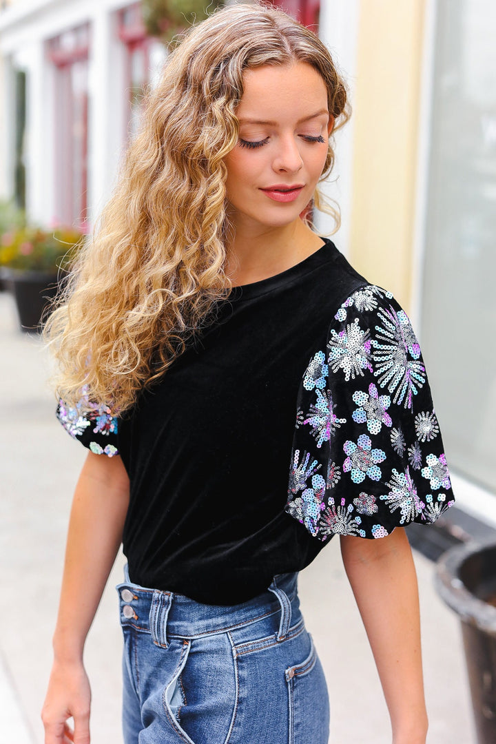 Feeling Glamorous Black Floral Sequin Puff Sleeve Velvet Tops | Nikki &amp; Co. Boutique