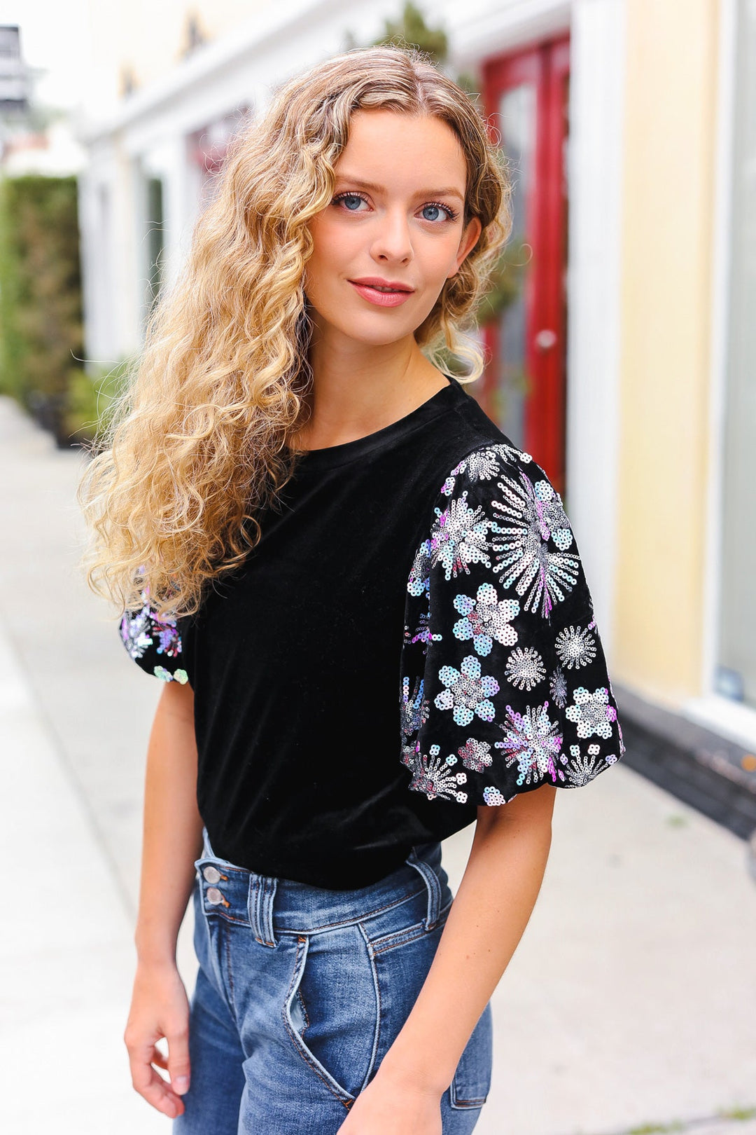 Feeling Glamorous Black Floral Sequin Puff Sleeve Velvet Tops | Nikki &amp; Co. Boutique
