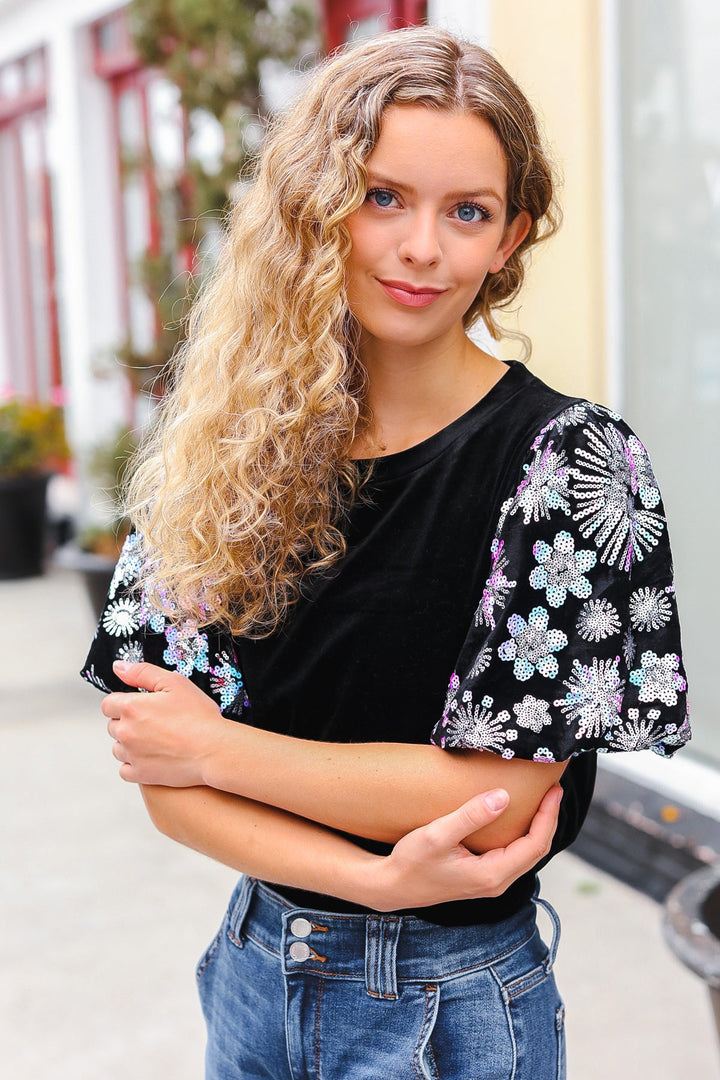 Feeling Glamorous Black Floral Sequin Puff Sleeve Velvet Tops | Nikki &amp; Co. Boutique