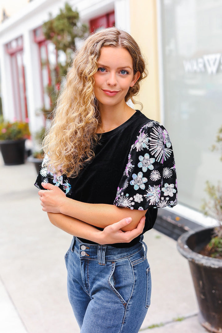 Feeling Glamorous Black Floral Sequin Puff Sleeve Velvet Tops | Nikki &amp; Co. Boutique