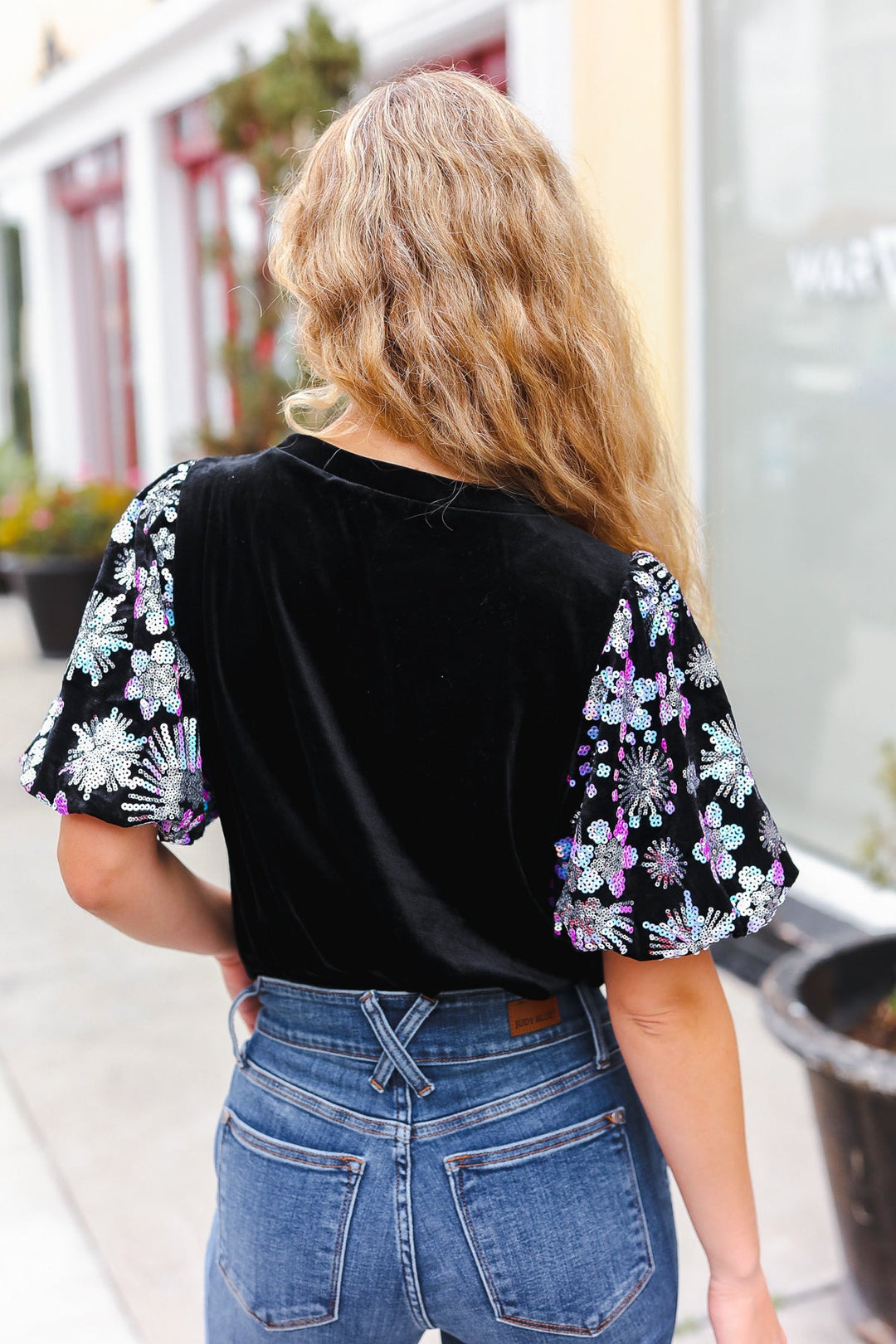 Feeling Glamorous Black Floral Sequin Puff Sleeve Velvet Tops | Nikki &amp; Co. Boutique
