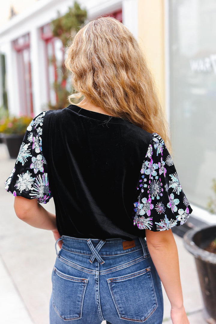 Feeling Glamorous Black Floral Sequin Puff Sleeve Velvet Tops | Nikki &amp; Co. Boutique