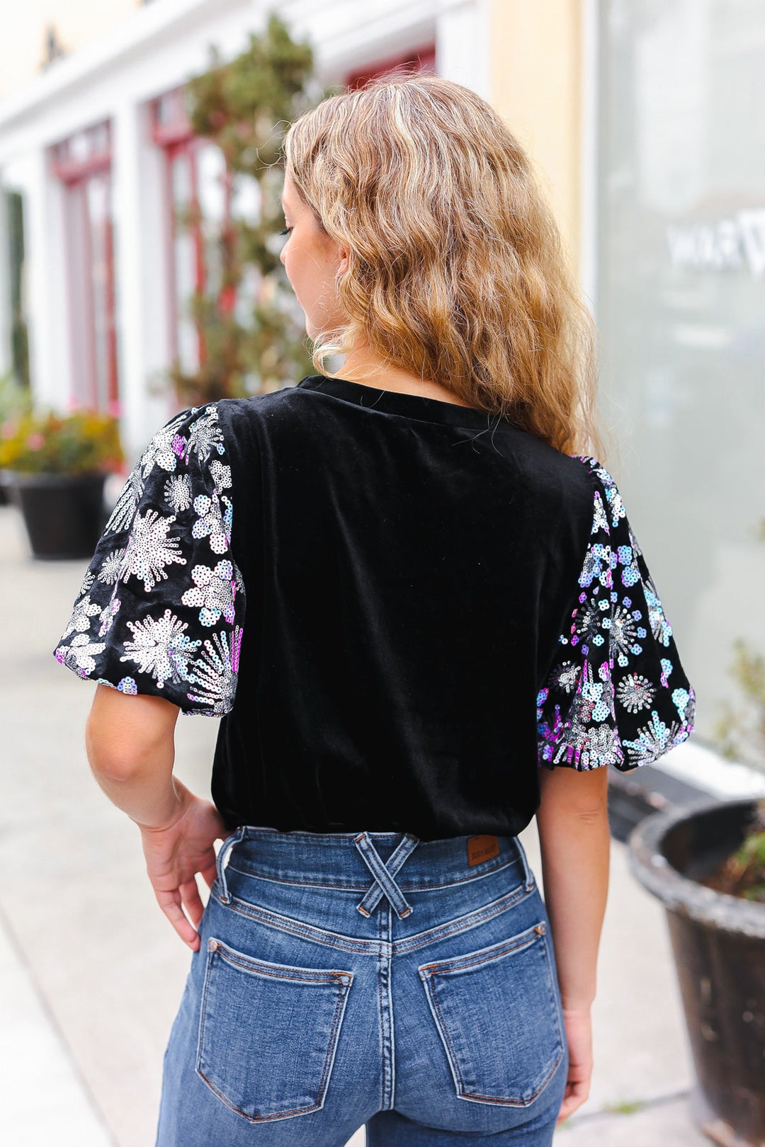 Feeling Glamorous Black Floral Sequin Puff Sleeve Velvet Tops | Nikki &amp; Co. Boutique