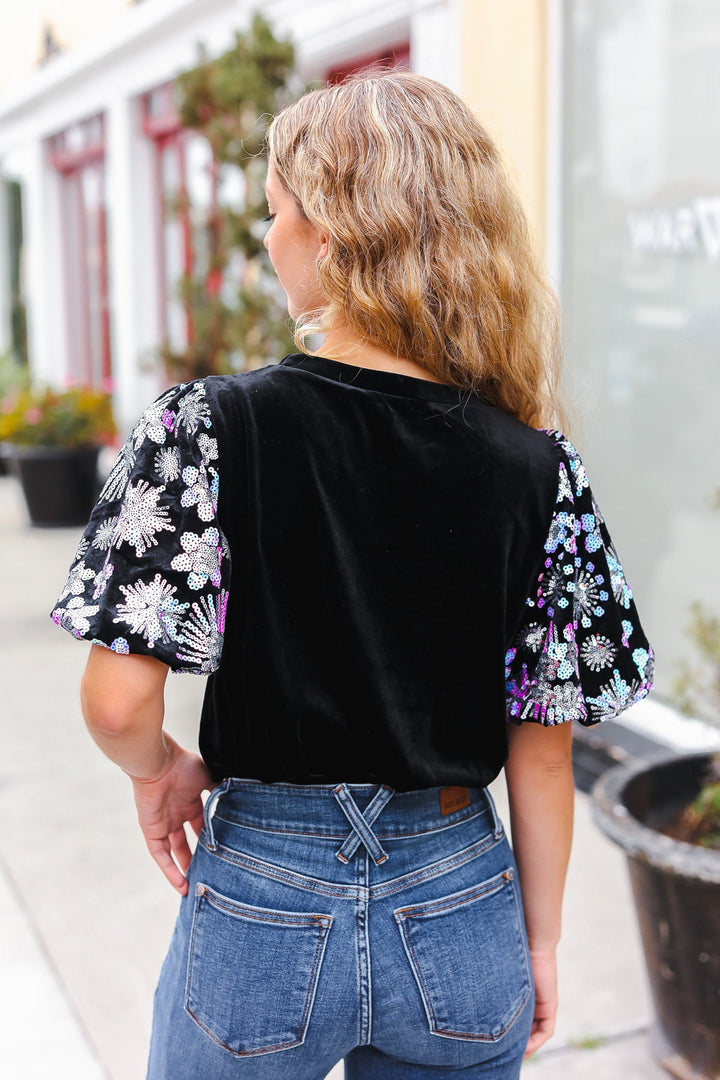 Feeling Glamorous Black Floral Sequin Puff Sleeve Velvet Tops | Nikki &amp; Co. Boutique