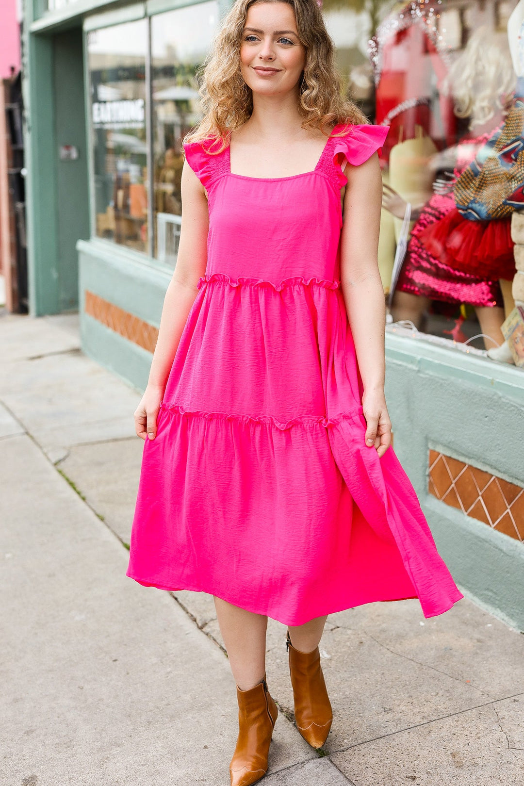 Lots To Love Fuchsia Smocked Flutter Sleeve Tiered Midi Dress | Nikki &amp; Co. Boutique