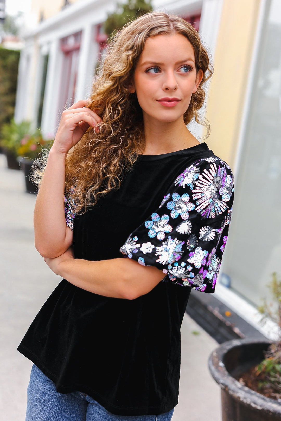 Feeling Glamorous Black Floral Sequin Puff Sleeve Velvet Tops | Nikki &amp; Co. Boutique