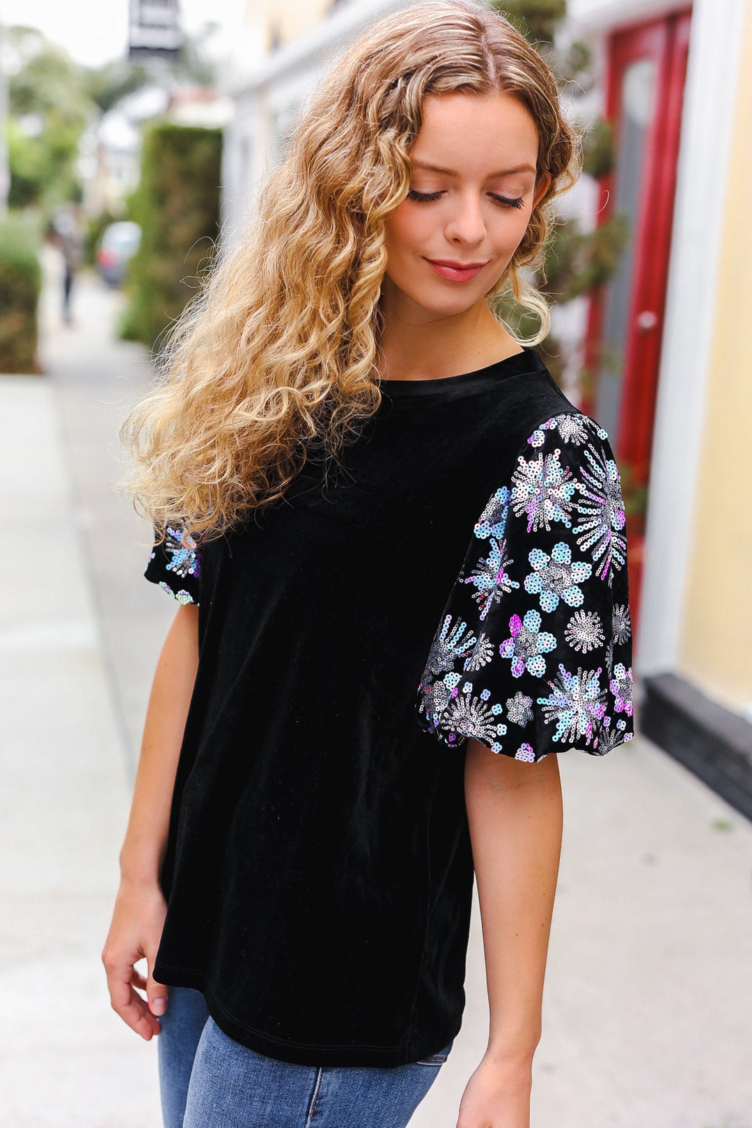 Feeling Glamorous Black Floral Sequin Puff Sleeve Velvet Tops | Nikki &amp; Co. Boutique