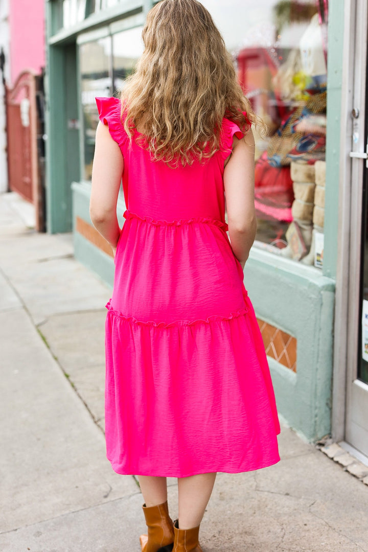 Lots To Love Fuchsia Smocked Flutter Sleeve Tiered Midi Dress | Nikki &amp; Co. Boutique