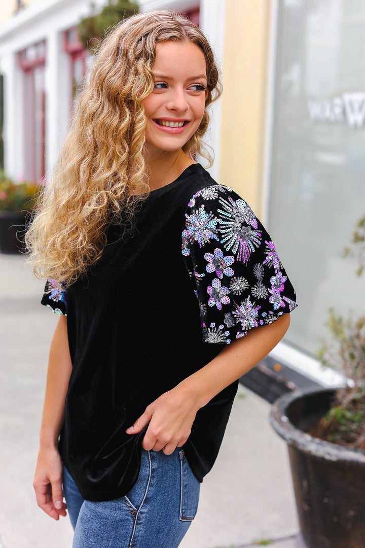 Feeling Glamorous Black Floral Sequin Puff Sleeve Velvet Tops | Nikki &amp; Co. Boutique