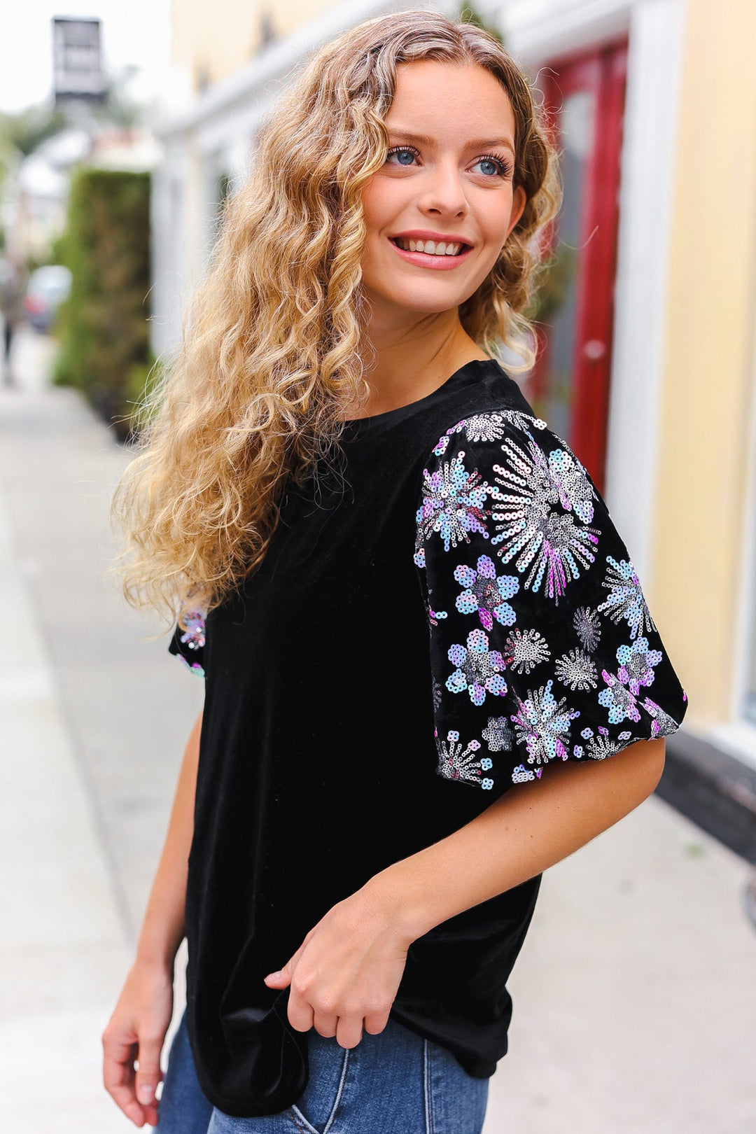 Feeling Glamorous Black Floral Sequin Puff Sleeve Velvet Tops | Nikki &amp; Co. Boutique