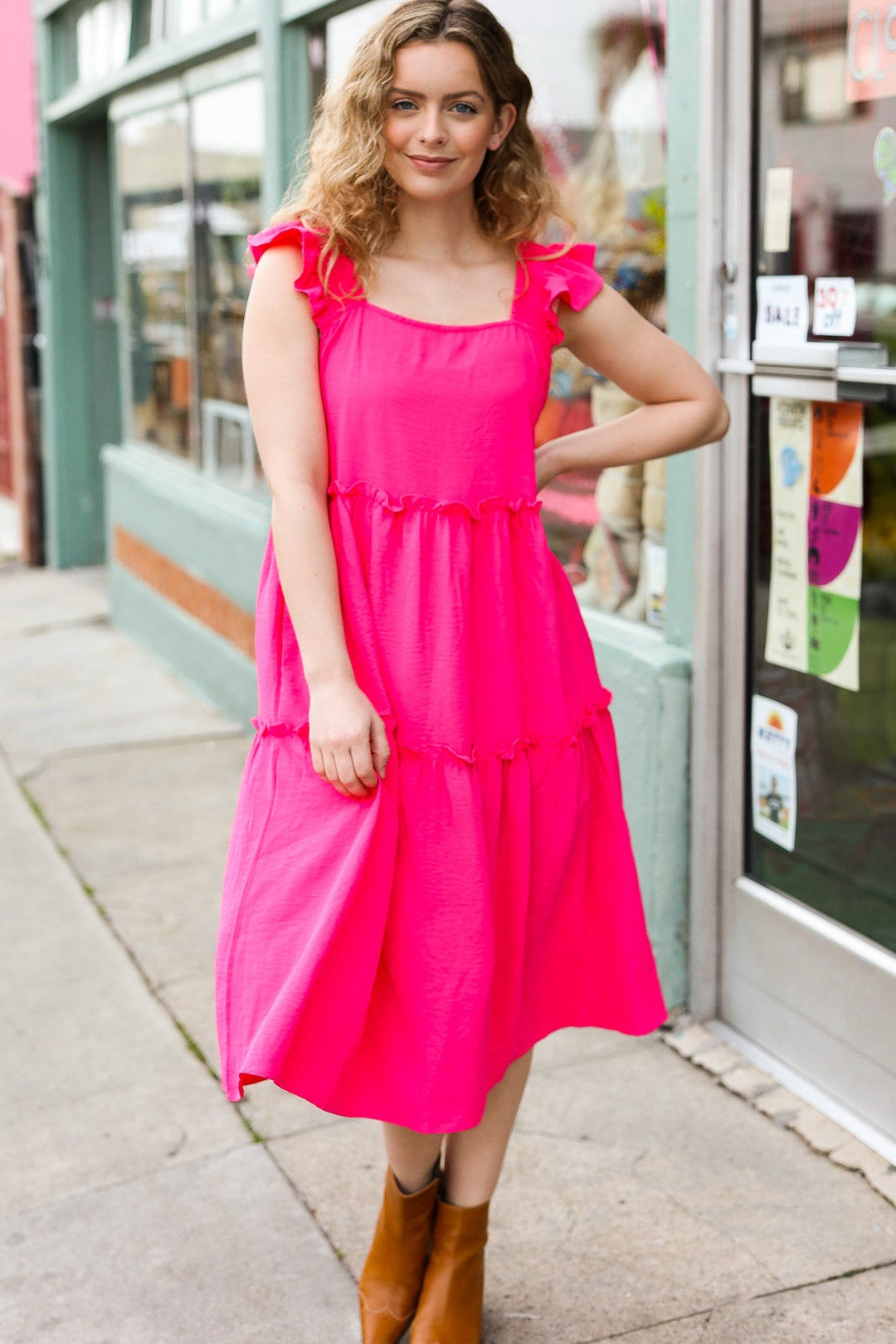 Lots To Love Fuchsia Smocked Flutter Sleeve Tiered Midi Dress | Nikki &amp; Co. Boutique
