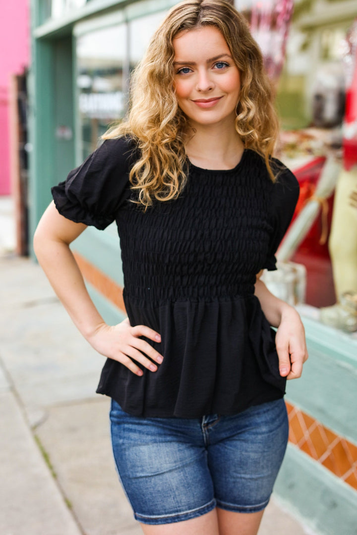 All For You Black Smocked Peplum Puff Sleeve Tops | Nikki &amp; Co. Boutique