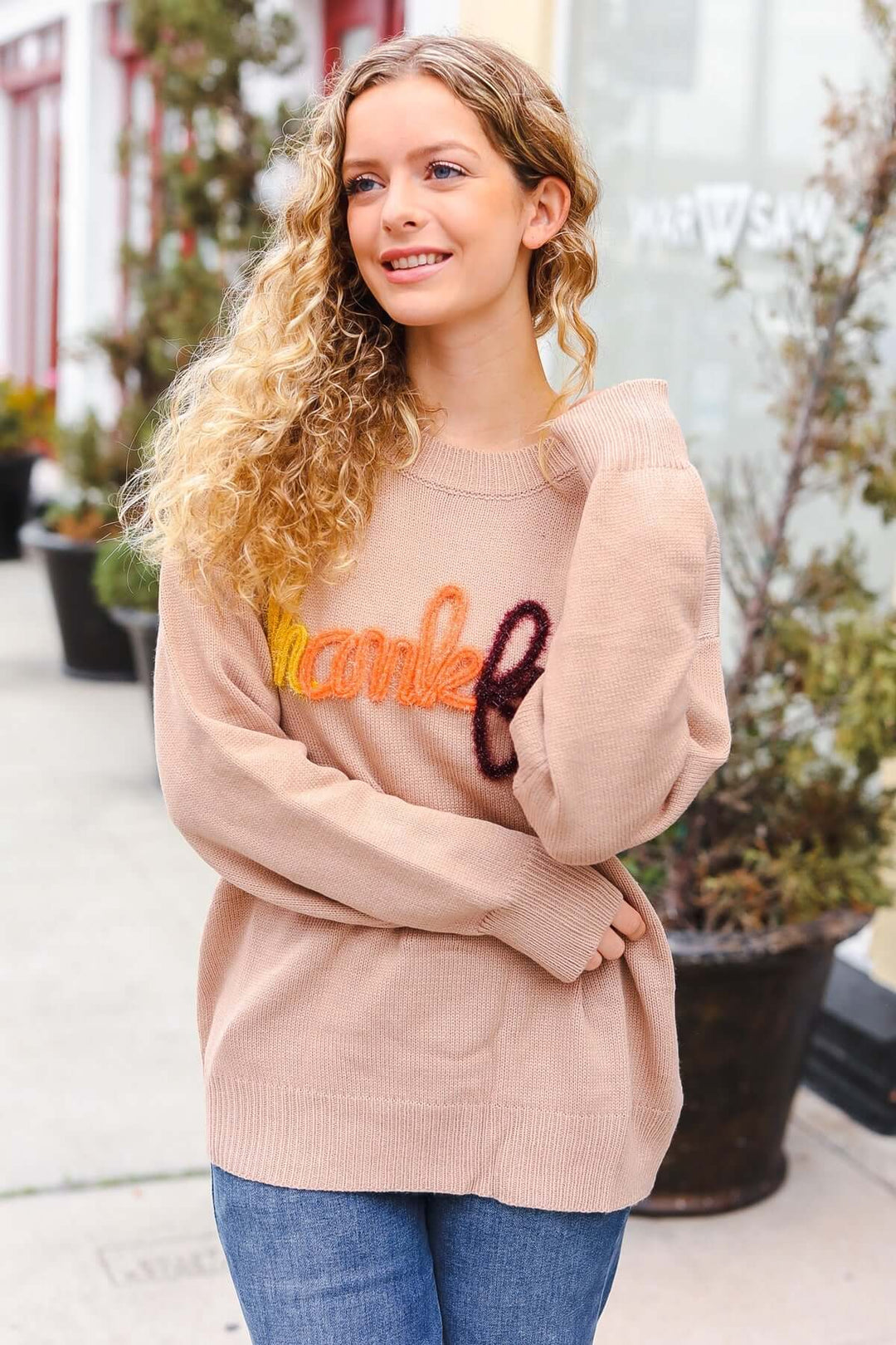 Feeling Thankful Taupe Pop Up Glittery Embroidery Sweater | Nikki &amp; Co. Boutique