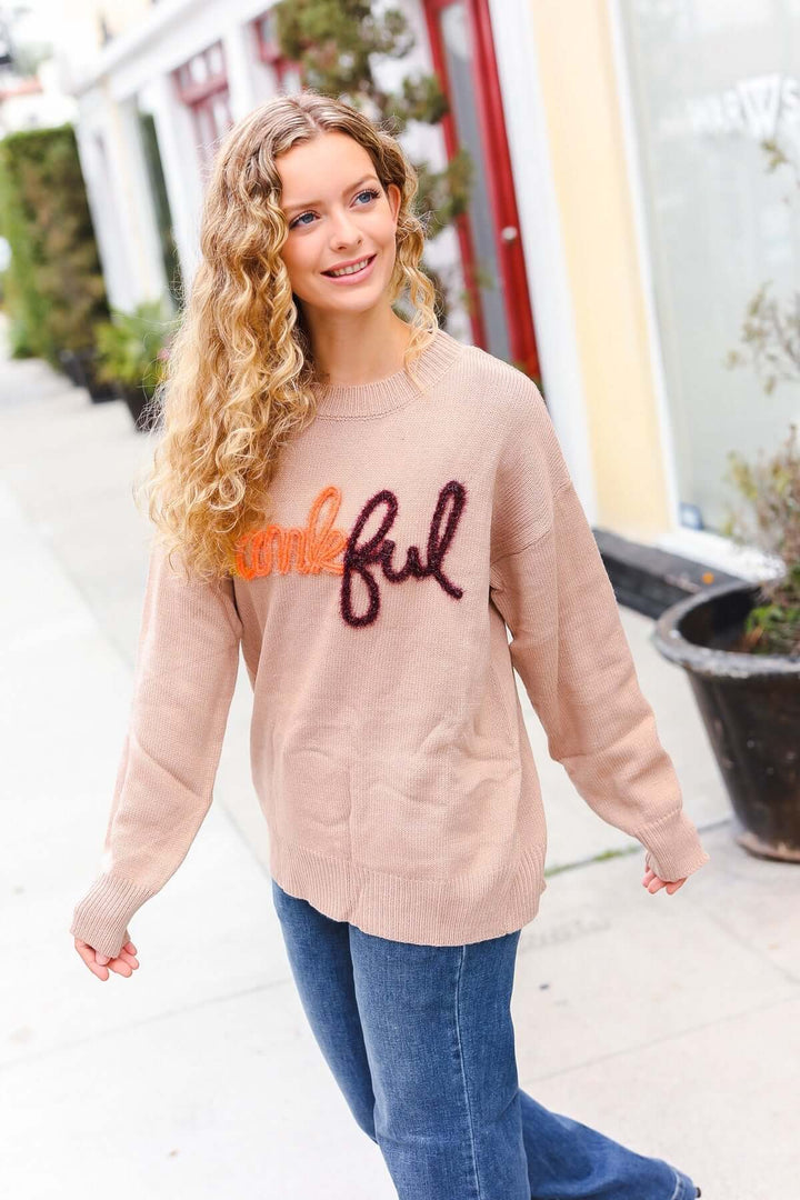 Feeling Thankful Taupe Pop Up Glittery Embroidery Sweater | Nikki &amp; Co. Boutique