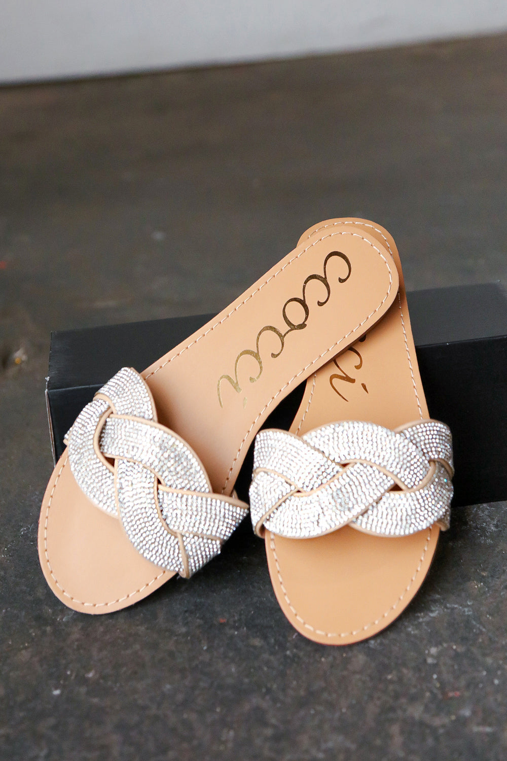 Taupe Braided Rhinestone Vegan Leather Slide Sandals | Nikki &amp; Co. Boutique