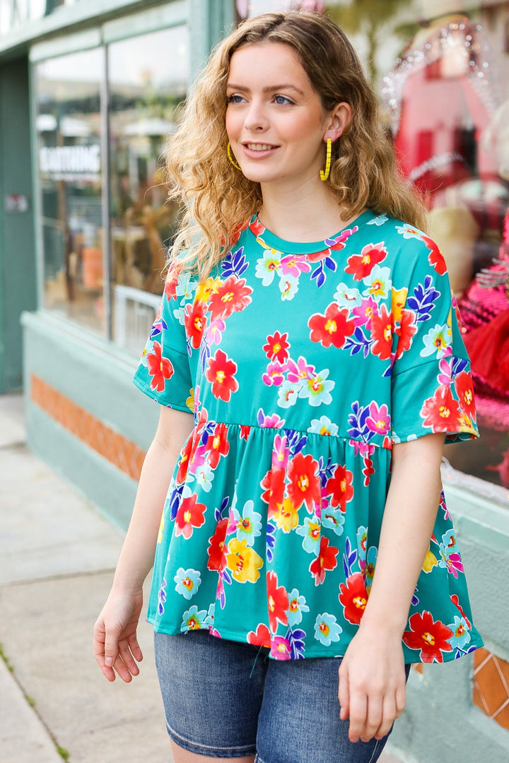 Take Me Away Teal Floral Drop Shoulder Babydoll Tops | Nikki &amp; Co. Boutique