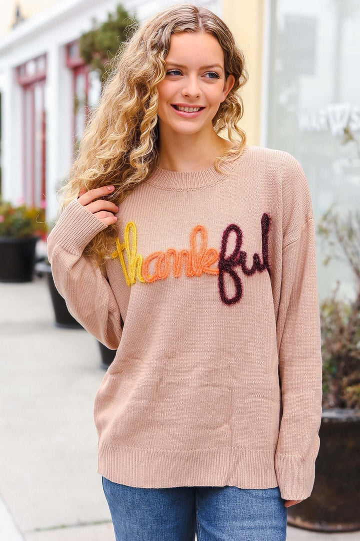 Feeling Thankful Taupe Pop Up Glittery Embroidery Sweater | Nikki &amp; Co. Boutique