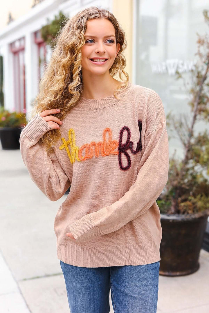 Feeling Thankful Taupe Pop Up Glittery Embroidery Sweater | Nikki &amp; Co. Boutique