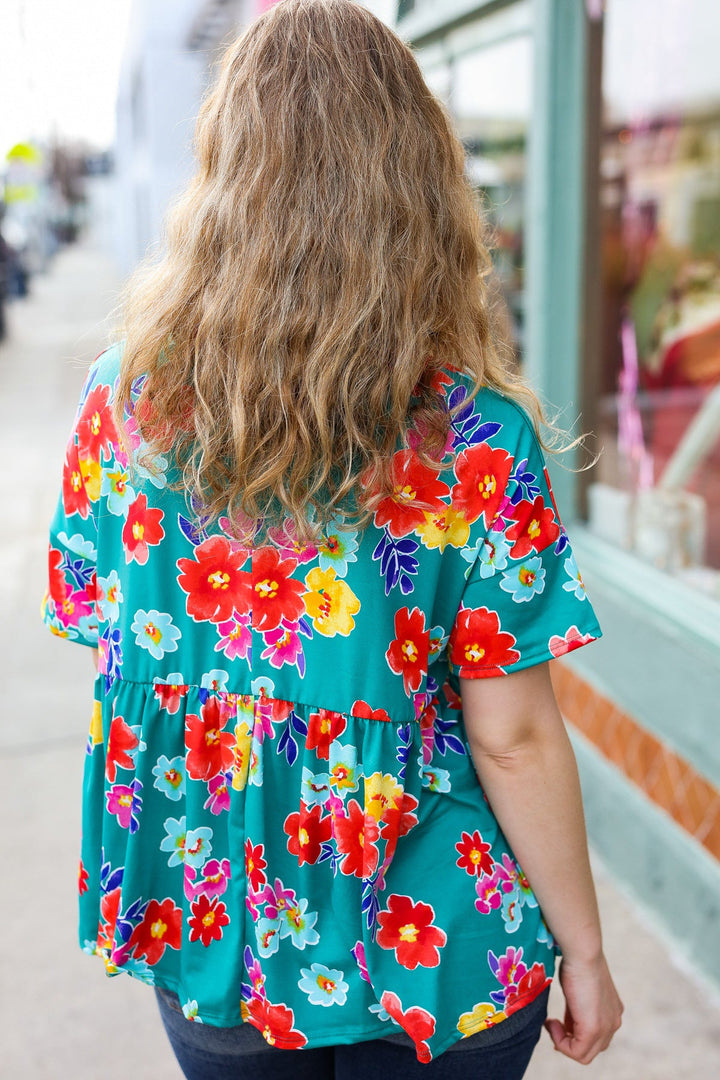 Take Me Away Teal Floral Drop Shoulder Babydoll Tops | Nikki &amp; Co. Boutique