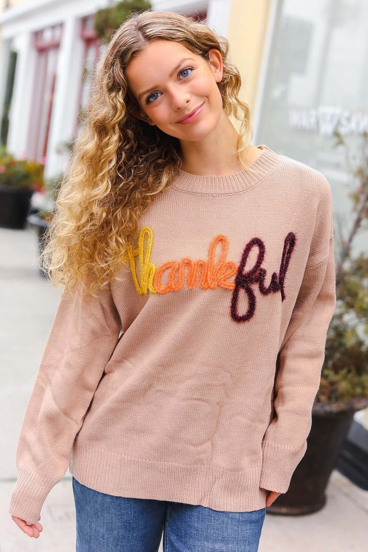 Feeling Thankful Taupe Pop Up Glittery Embroidery Sweater | Nikki &amp; Co. Boutique