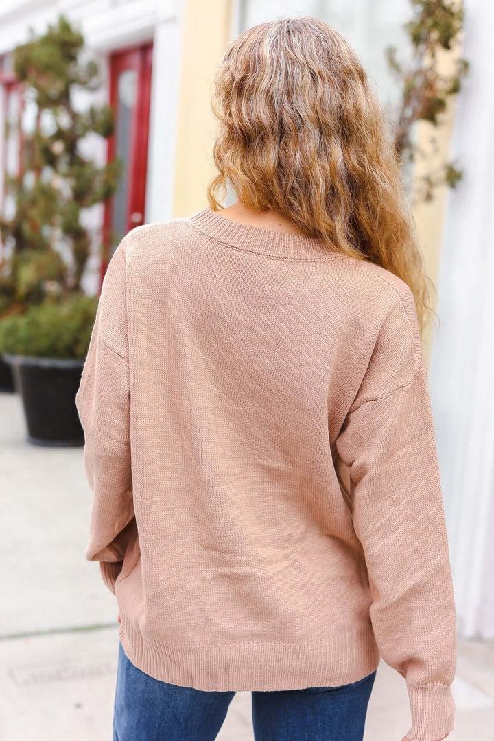 Feeling Thankful Taupe Pop Up Glittery Embroidery Sweater | Nikki &amp; Co. Boutique