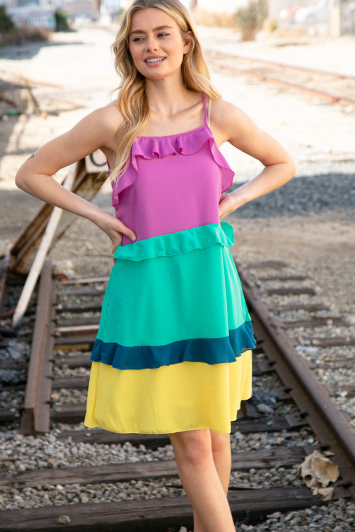 Fuchsia Shoulder Strap Color Block Tiered Ruffle Dress | Nikki &amp; Co. Boutique
